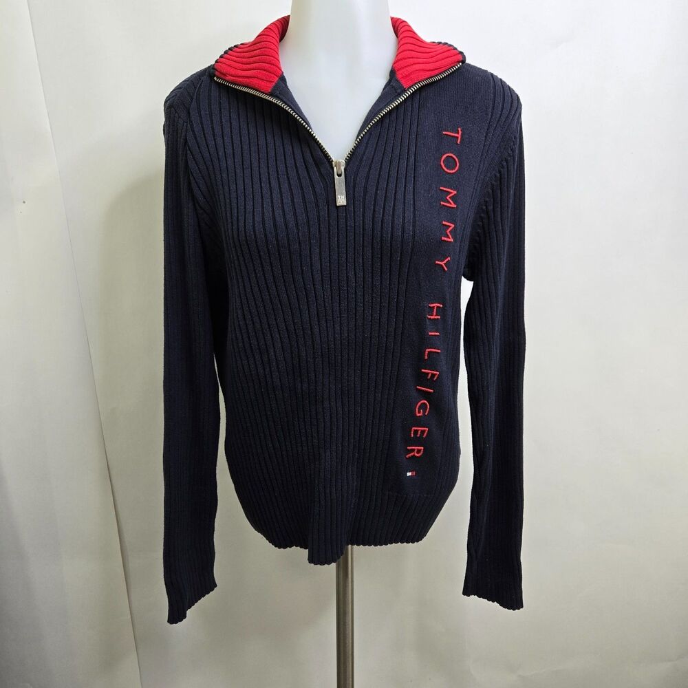 Tommy Hilfiger Vintage Sweater L 1/4 Zip Logo Spellout Blue Red 90s Y2K Ribbed